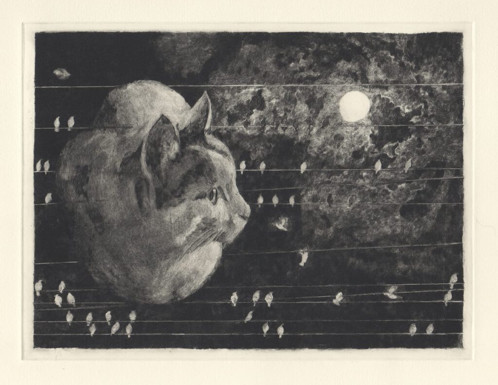 ハチと電線 (drypoint etching by Yaemi Shigyo)