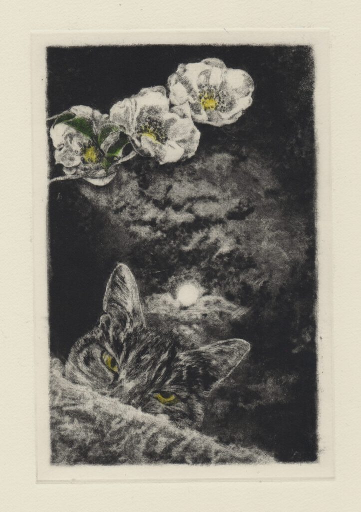 キョクと十三夜 (drypoint etching by Yaemi Shigyo)