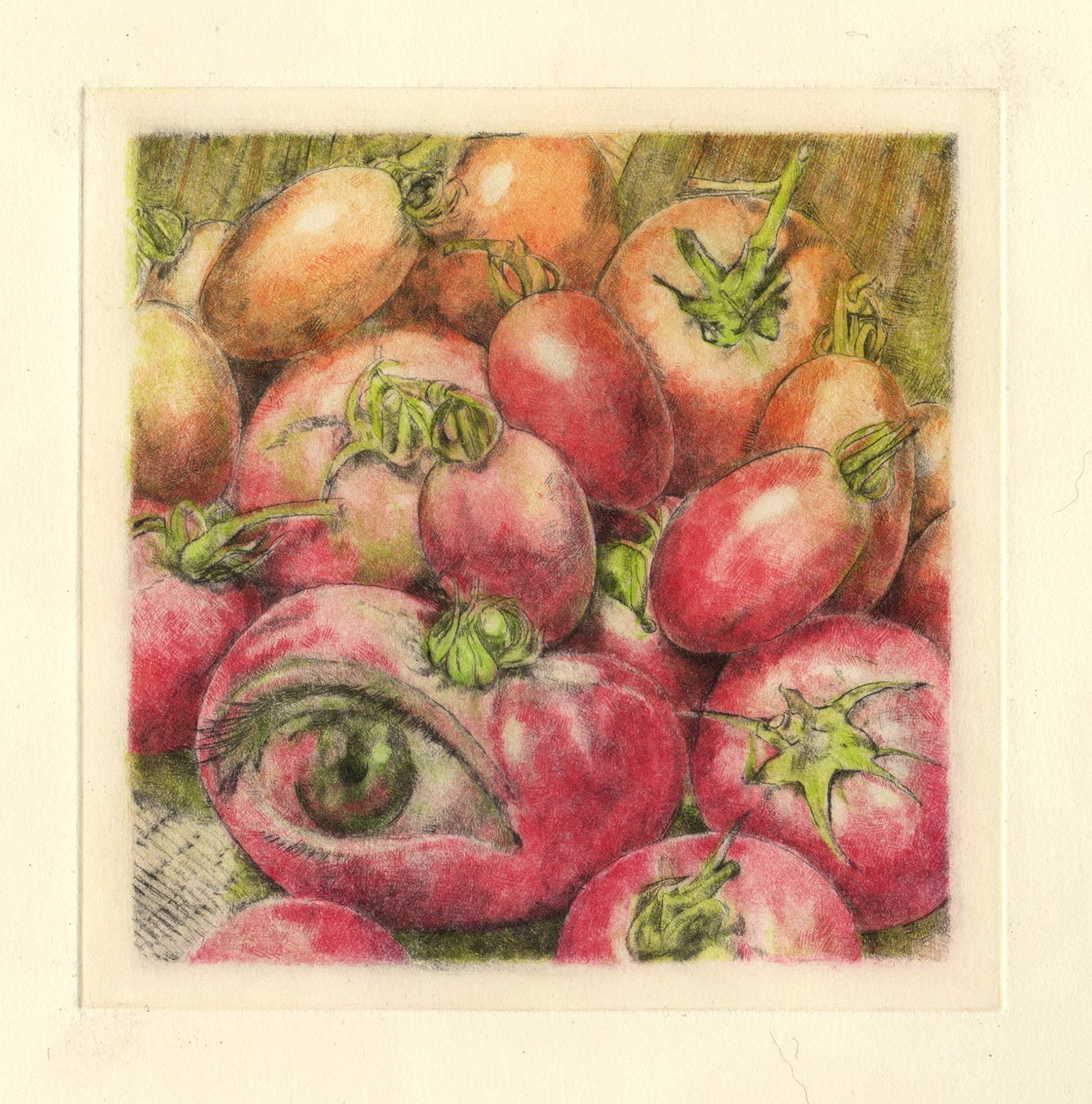 Tomatoes (drypoint etching by Yaemi Shigyo)