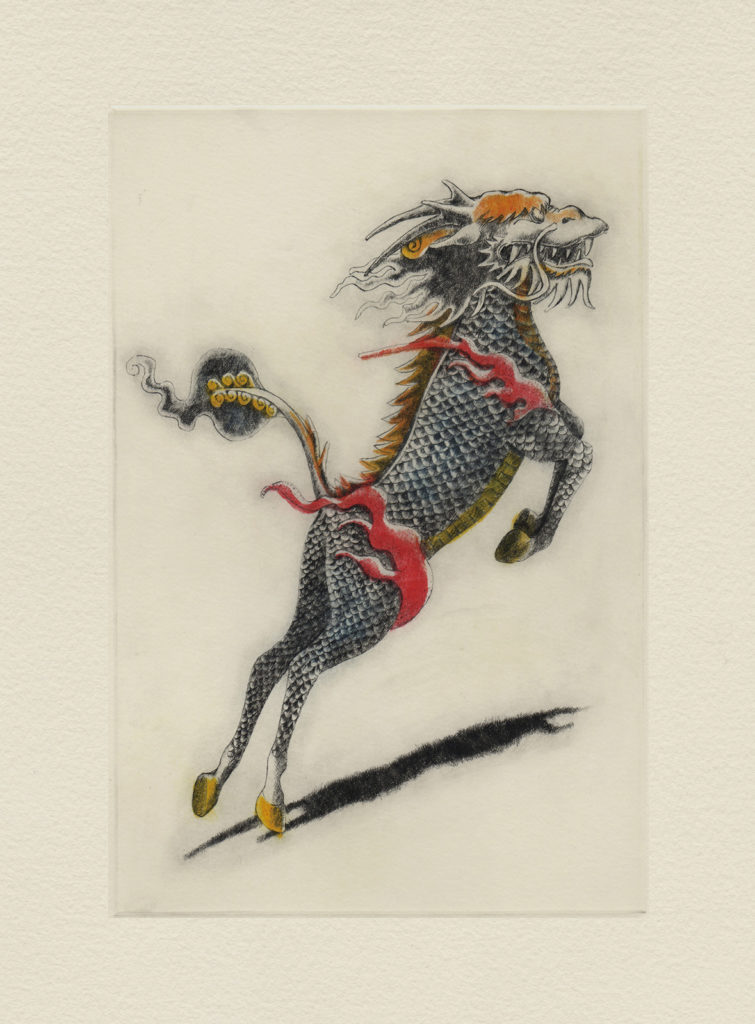 Qilin (drypoint etching by Yaemi Shigyo)